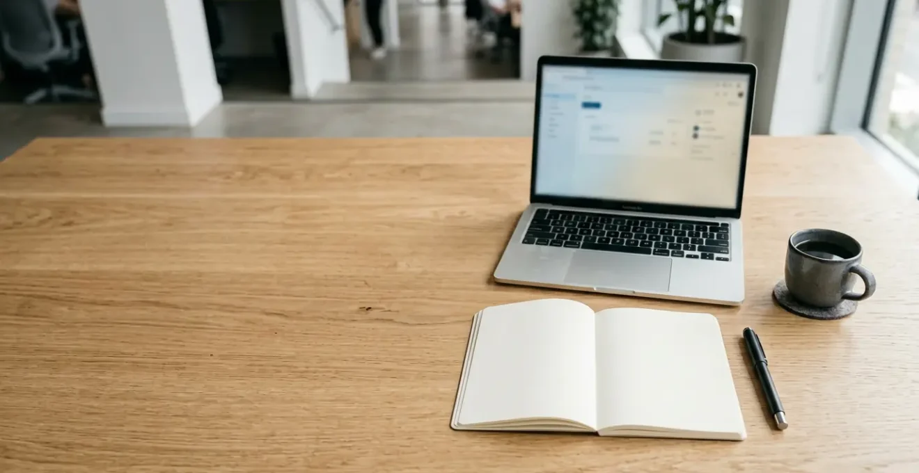 Bureau moderne avec documents professionnels et outils de travail dans une atmosphère concentrée