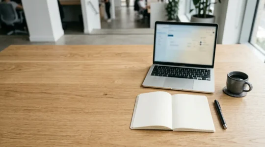 Bureau moderne avec documents professionnels et outils de travail dans une atmosphère concentrée