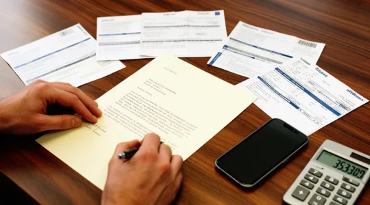 Personne rédigeant une lettre de réclamation avec des factures télécom et un téléphone posé sur le bureau