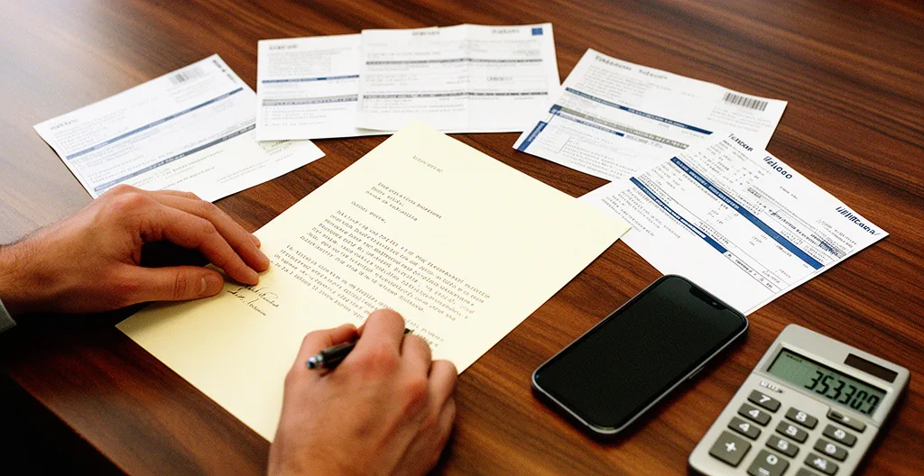 Personne rédigeant une lettre de réclamation avec des factures télécom et un téléphone posé sur le bureau