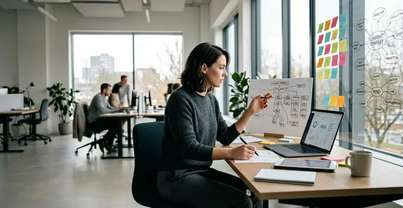 Professionnel du contenu travaillant sur une stratégie éditoriale avec plusieurs écrans et documents
