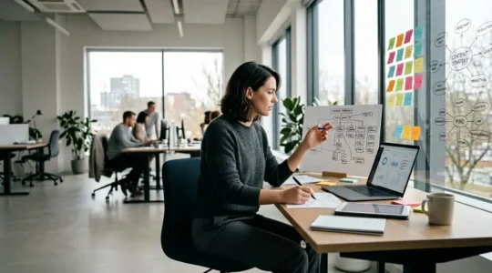 Professionnel du contenu travaillant sur une stratégie éditoriale avec plusieurs écrans et documents