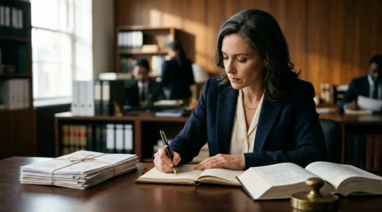 Professionnel rédigeant une mise en demeure dans un bureau moderne avec documents juridiques