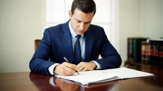 Un avocat rédigeant une réponse juridique dans son bureau avec des documents juridiques sur la table