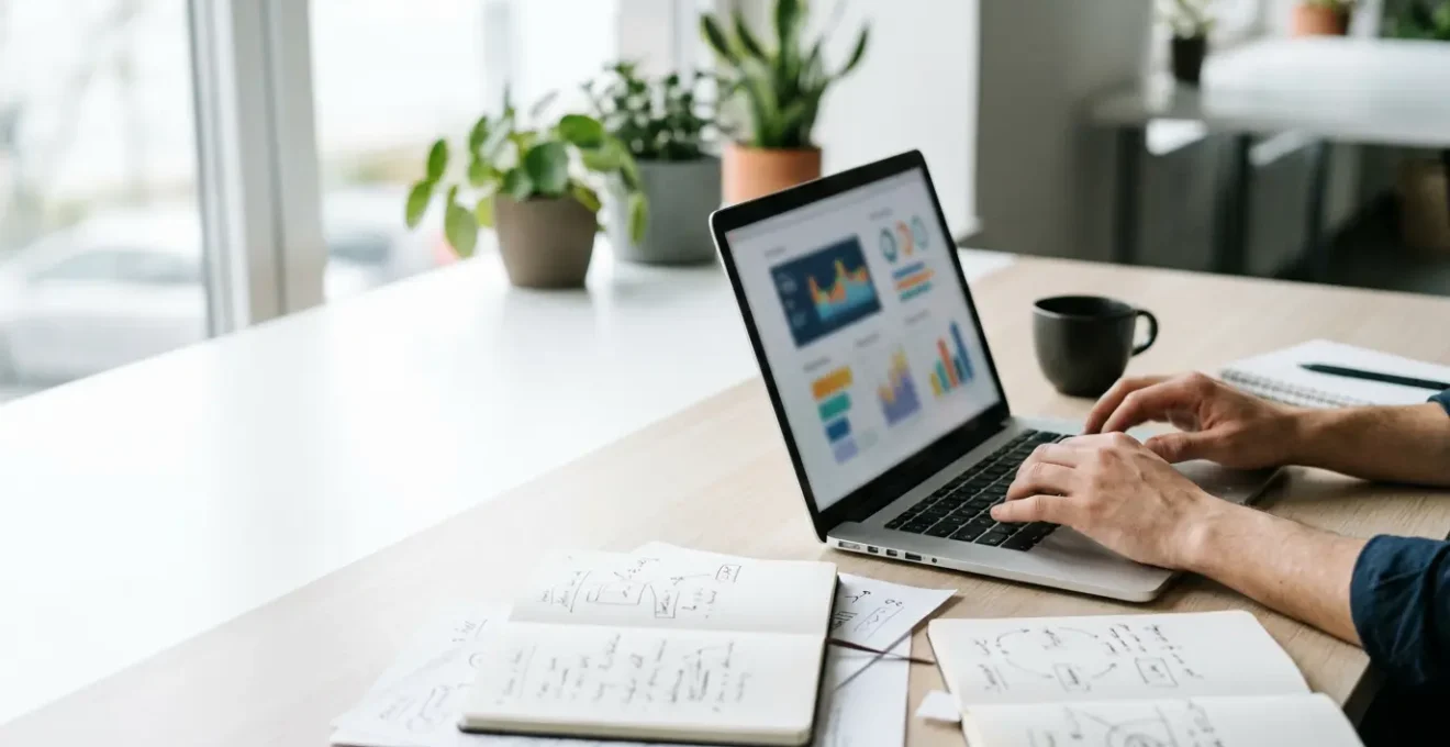 Vue créative d'un copywriter rédigeant des balises SEO optimisées avec focus sur l'écran et la méthode d'écriture