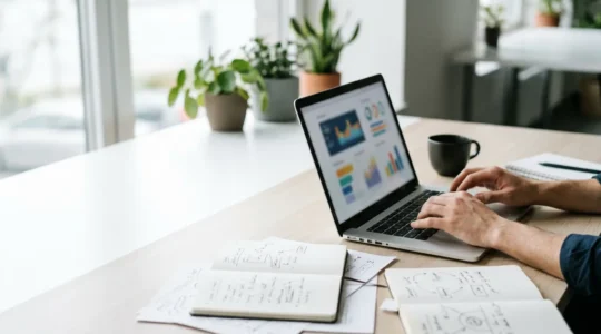 Vue créative d'un copywriter rédigeant des balises SEO optimisées avec focus sur l'écran et la méthode d'écriture