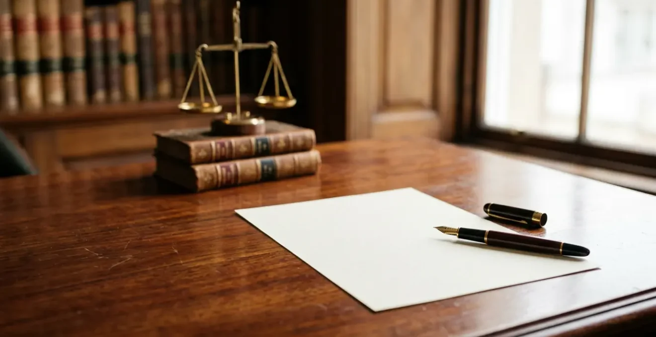 Bureau professionnel avec documents administratifs, balance de la justice et plume d'écriture