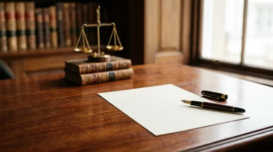 Bureau professionnel avec documents administratifs, balance de la justice et plume d'écriture