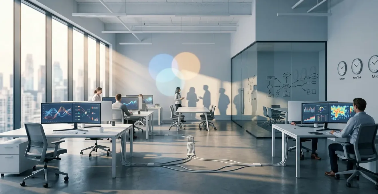 Bureau moderne avec écran affichant des métriques marketing et graphiques de performance, environnement de travail collaboratif