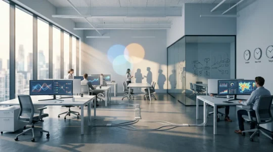 Bureau moderne avec écran affichant des métriques marketing et graphiques de performance, environnement de travail collaboratif