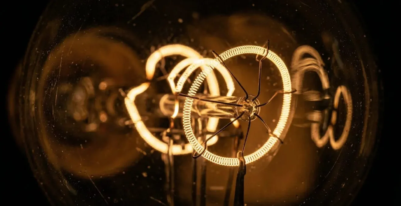 Macro photographie d'une ampoule ancienne où des filaments forment une constellation