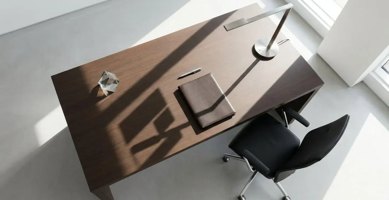 Vue aérienne d'un bureau exécutif épuré avec documents stratégiques suggérés par les ombres
