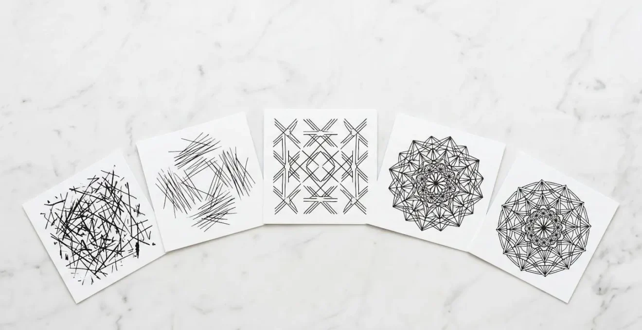 Vue aérienne de cinq cartes disposées en arc montrant une progression narrative