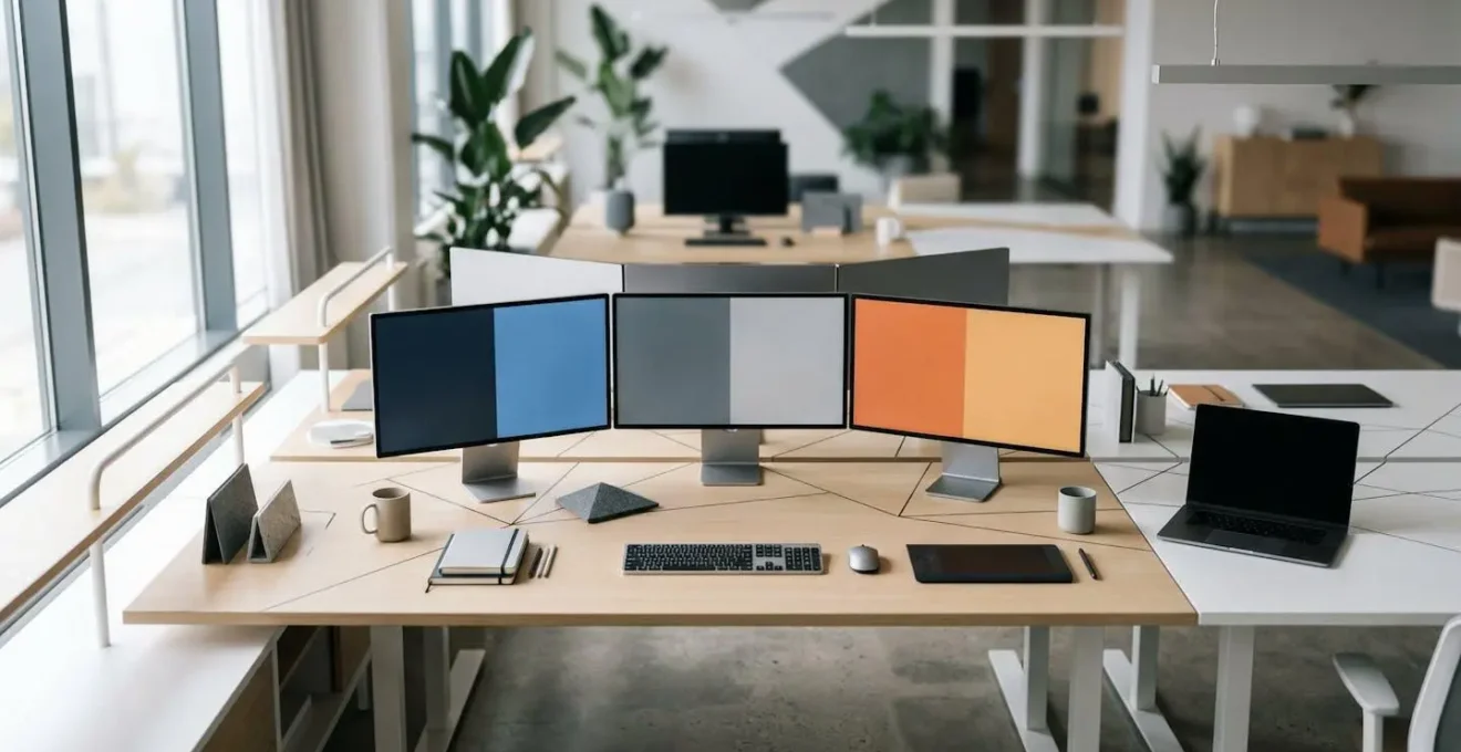Interface moderne de bureau avec multiples outils de travail intégrés montrant une approche décentralisée de la documentation, sans texte visible.