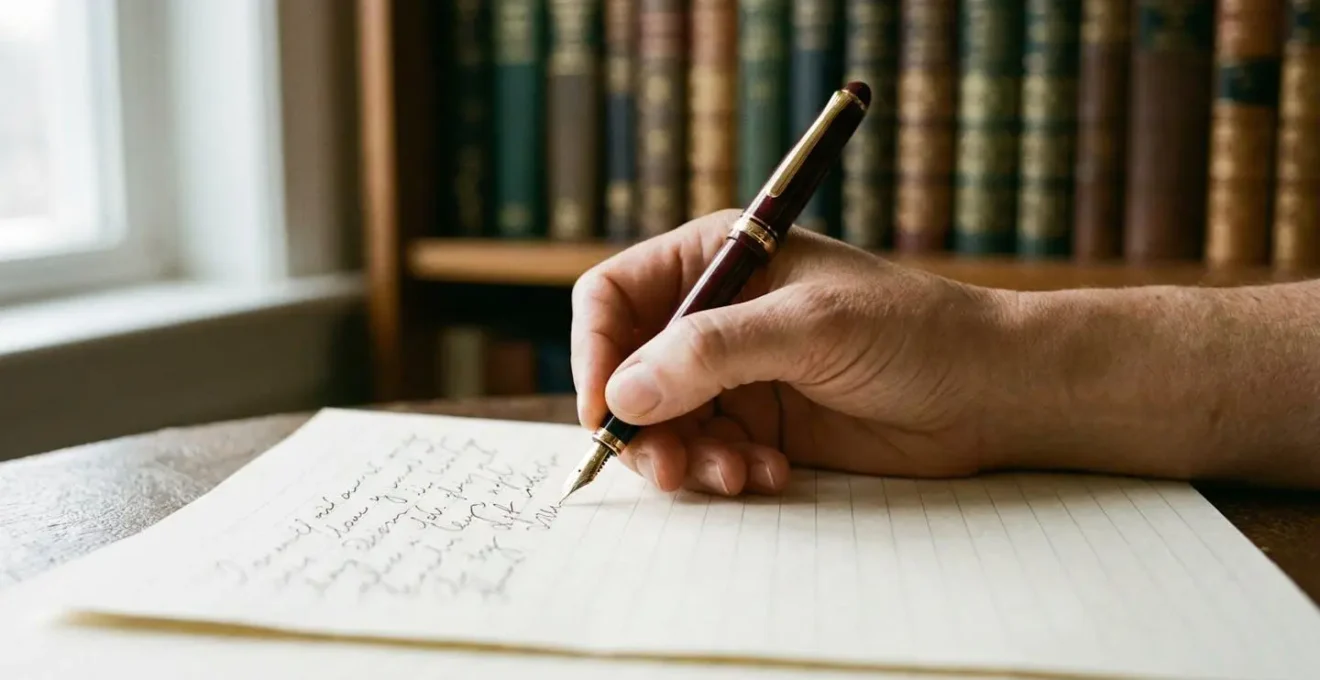 Main écrivant une lettre administrative avec références légales sur un bureau professionnel