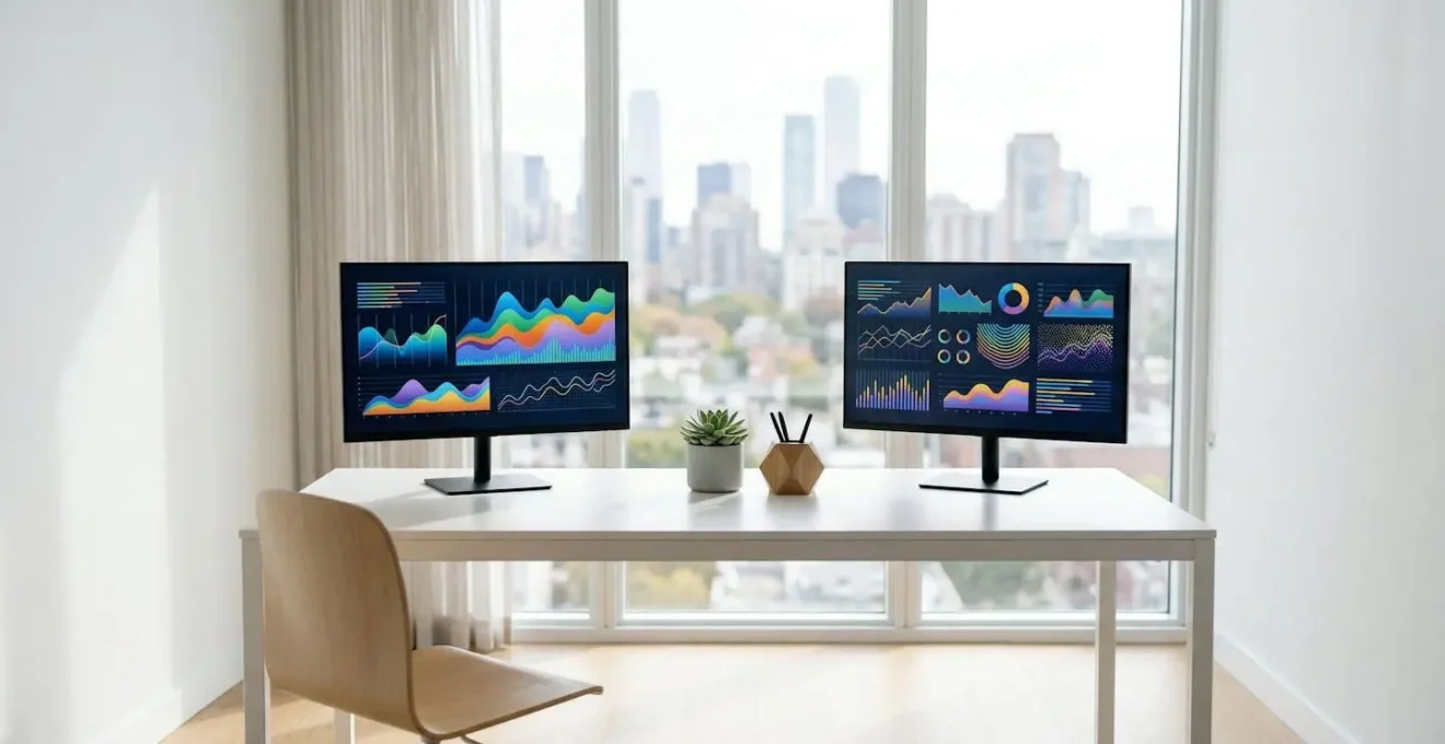 Espace de travail épuré avec deux ordinateurs montrant des interfaces d'analyse de données