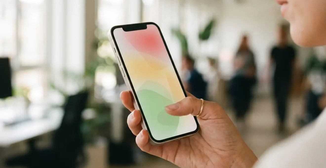 Main tenant un smartphone avec zones d'interaction du pouce visualisées en couleurs dégradées