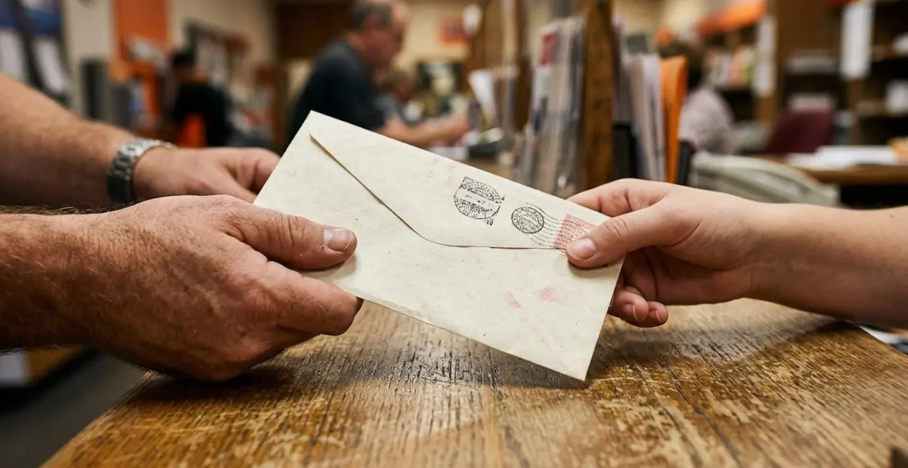 Main déposant une enveloppe recommandée au guichet de La Poste avec tampon officiel