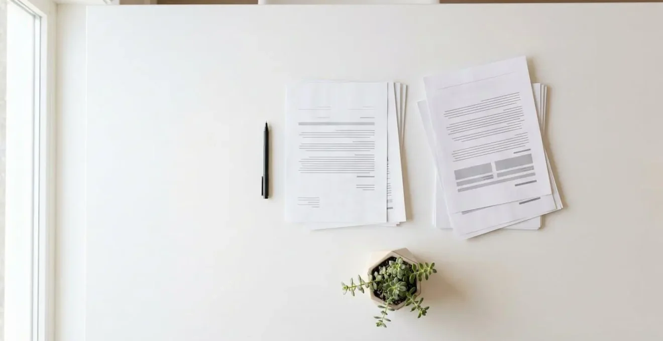 Vue aérienne minimaliste d'un bureau avec documents espacés et organisés