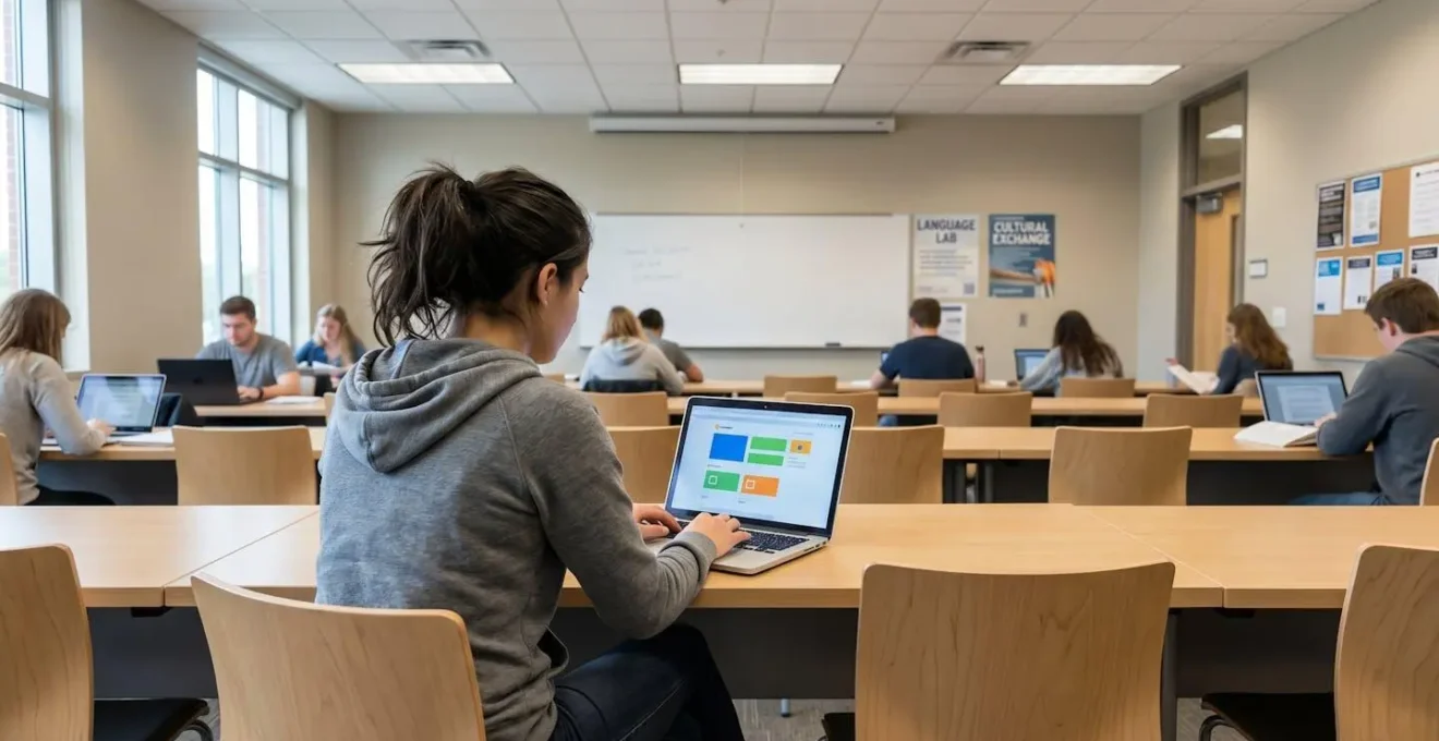 Étudiant vu de dos travaillant concentré sur son ordinateur portable dans une salle de classe moderne éclairée par de grandes fenêtres