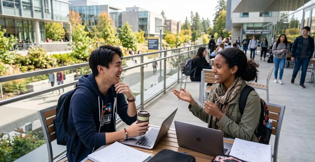 Deux étudiants internationaux échangent en anglais sur une terrasse extérieure d'un campus moderne sous un ciel lumineux