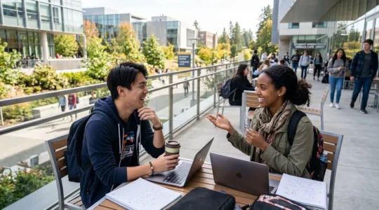 Deux étudiants internationaux échangent en anglais sur une terrasse extérieure d'un campus moderne sous un ciel lumineux
