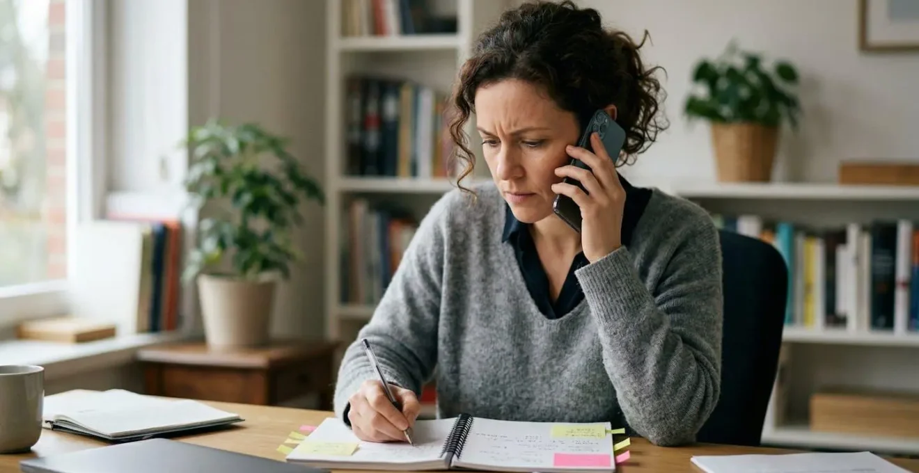 Personne calme au téléphone prenant des notes méthodiques face à des documents organisés