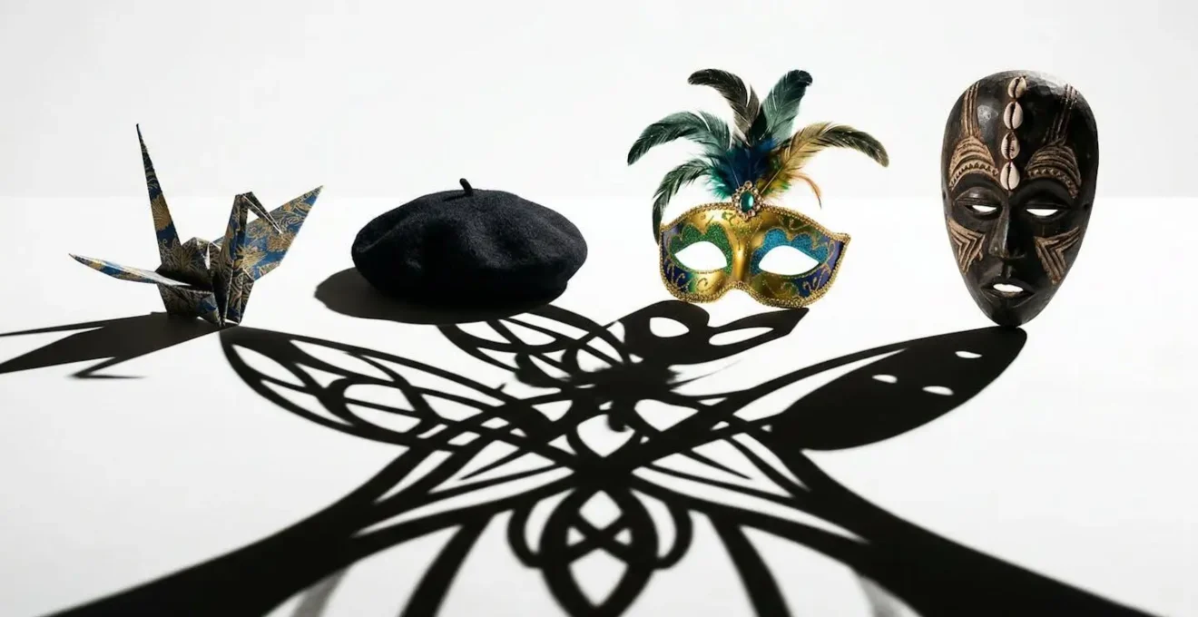 Composition visuelle abstraite montrant la transformation d'expressions culturelles