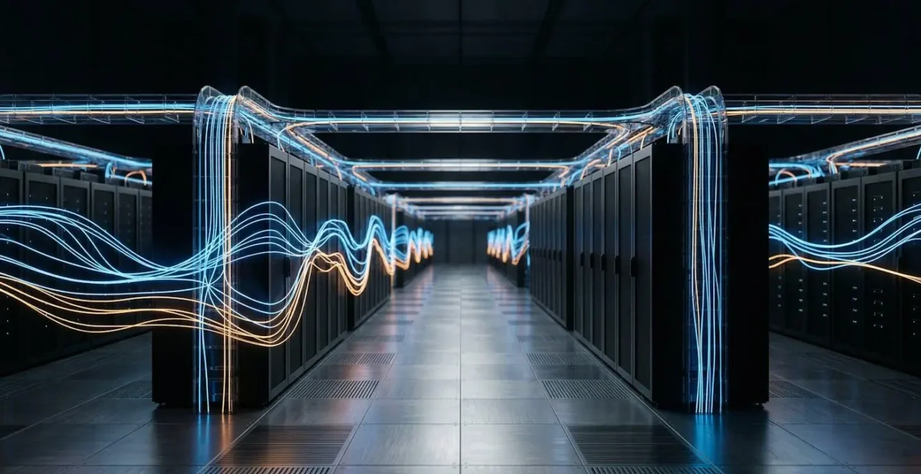 Réseau de connexions lumineuses entre différents nœuds représentant le flux de pertinence sémantique