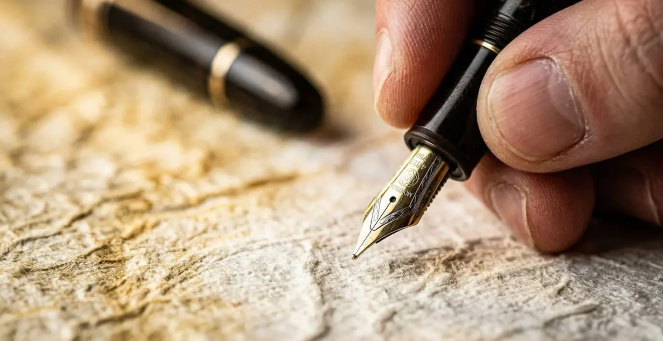 Détail macro d'une main tenant un stylo plume près d'une surface de papier texturée