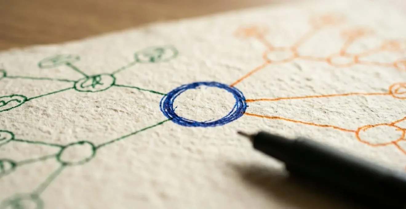 Vue macro d'un mind map dessiné sur papier avec connexions hiérarchiques