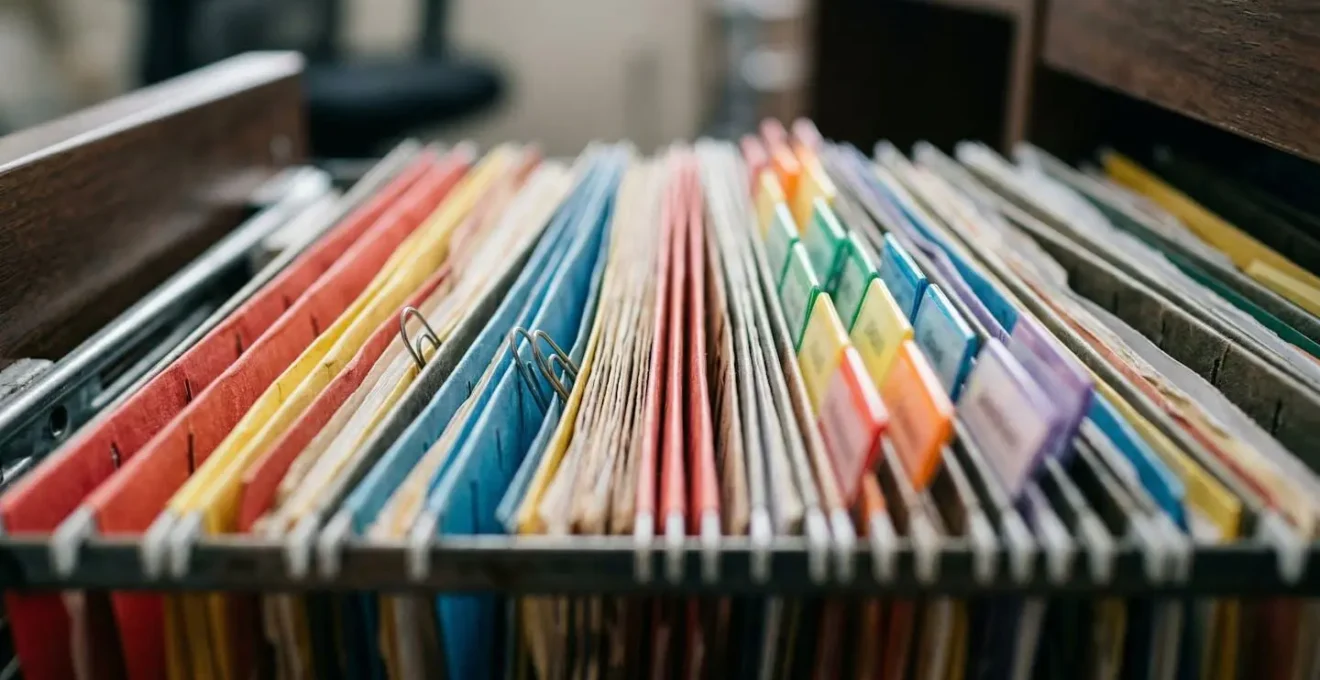 Dossier administratif organisé avec onglets colorés et système de classement