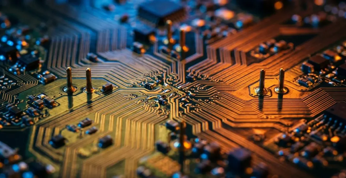Vue macro détaillée d'un circuit imprimé symbolisant les chemins de nurturing automatisé