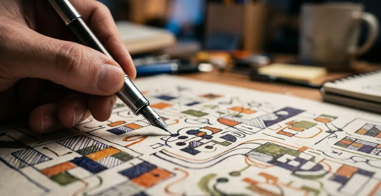 Gros plan sur une main tenant un stylo au-dessus de documents de travail avec des diagrammes abstraits, montrant le processus de création de personas.