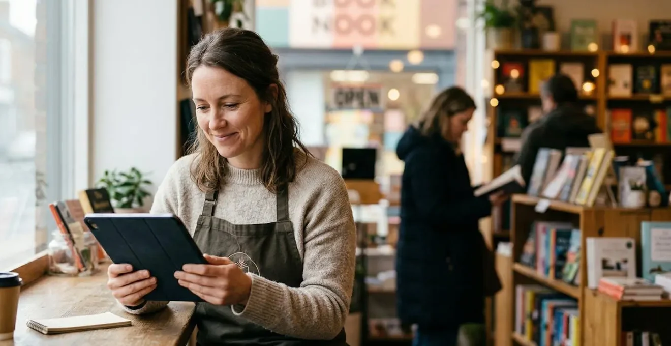 Propriétaire de commerce souriant travaillant sur sa tablette dans sa boutique avec des clients en arrière-plan