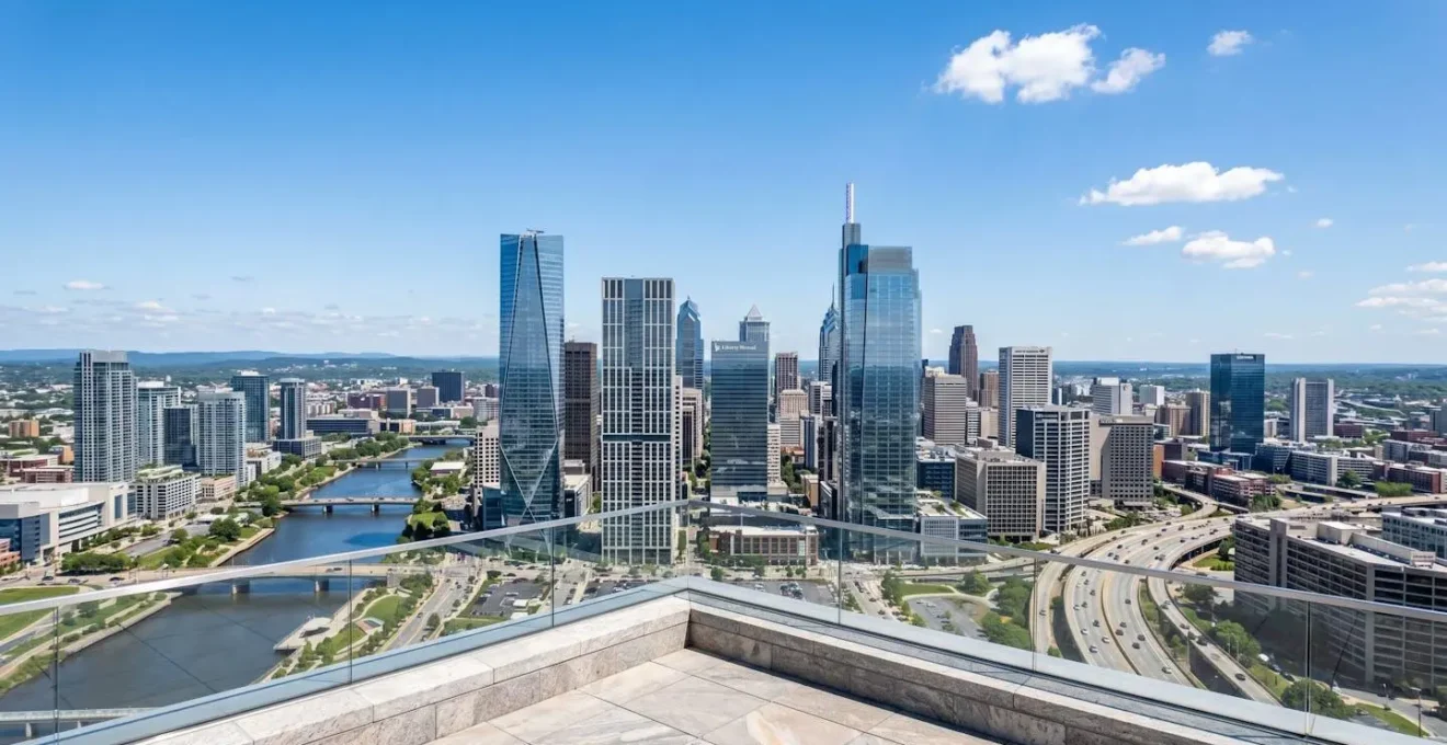 Vue panoramique d'un skyline urbain américain contemporain sous un ciel bleu légèrement nuageux en plein jour