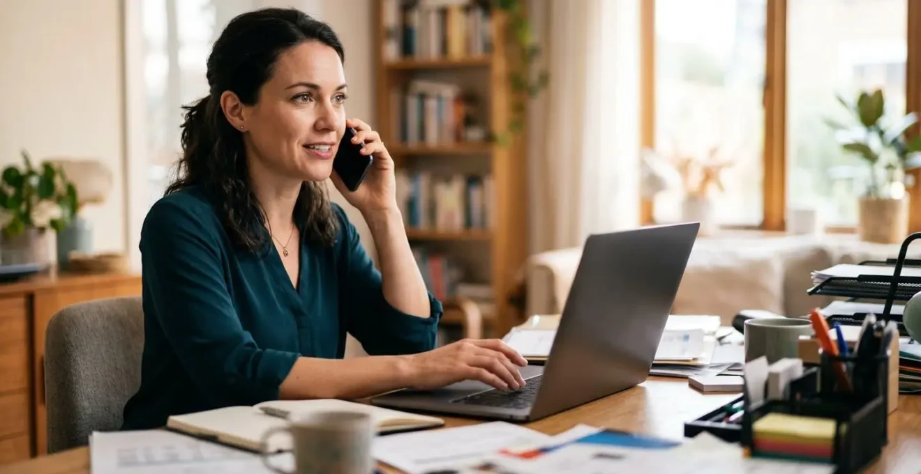 Personne utilisant simultanément un ordinateur portable et un téléphone, documents flous en arrière-plan