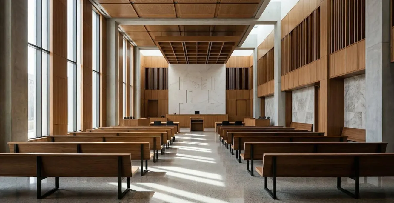 Vue d'ensemble d'une salle d'audience moderne avec architecture judiciaire