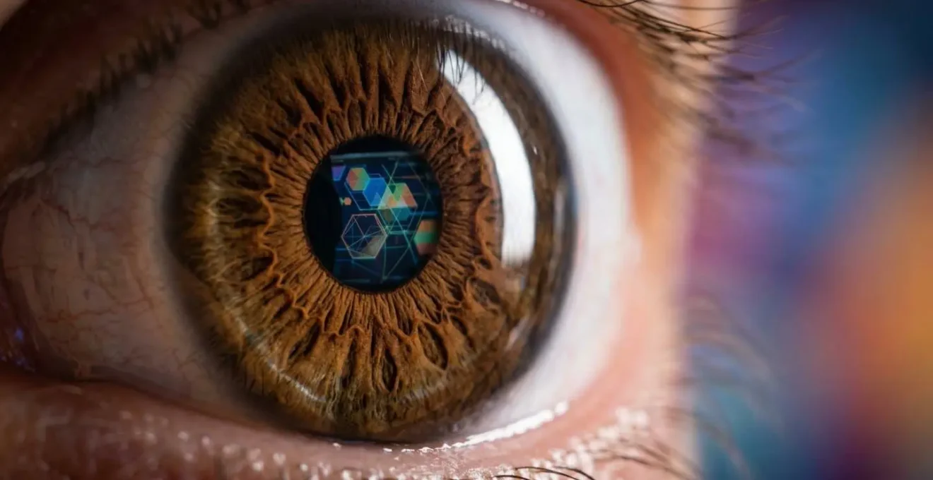 Gros plan sur un écran montrant une interface épurée avec chronomètre symbolique et regard concentré d'utilisateur
