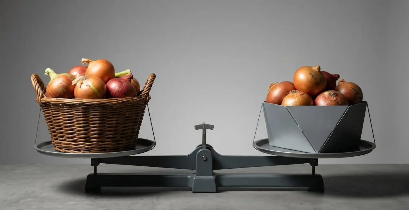 Composition symbolique avec deux groupes d'oignons sur une balance d'équilibre moderne