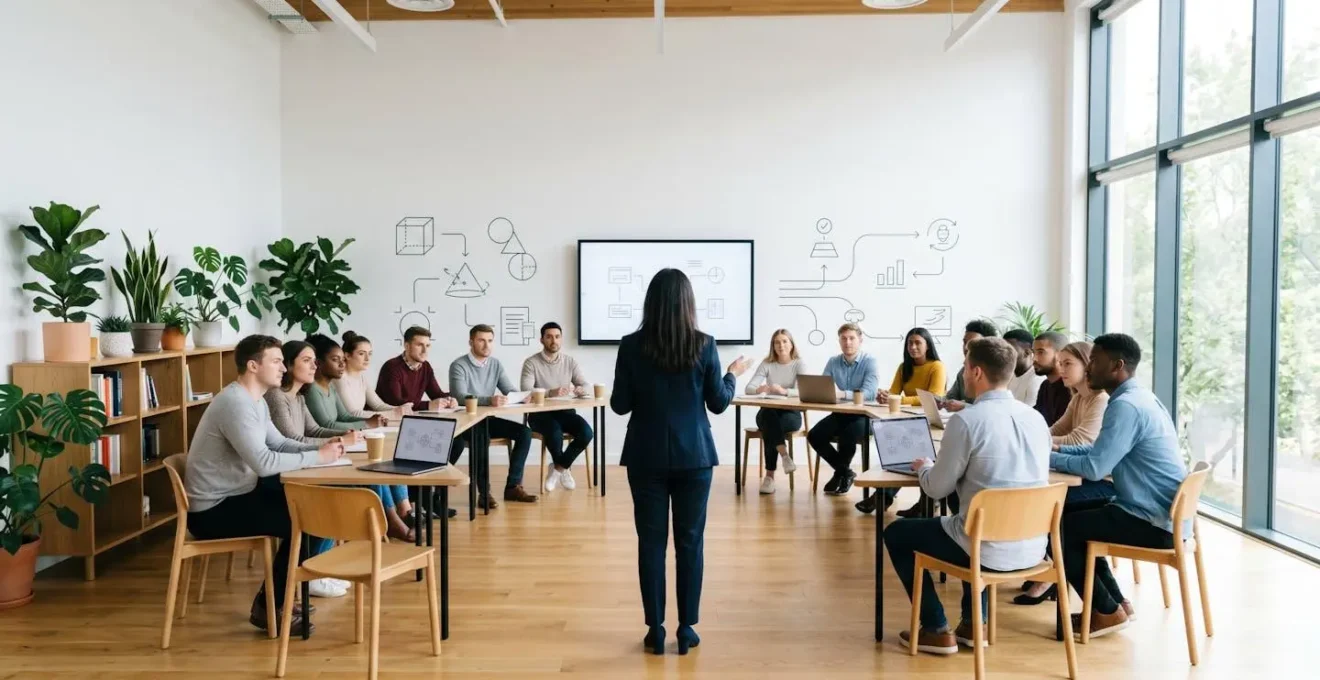 Espace de formation moderne avec jeunes professionnels en apprentissage collaboratif
