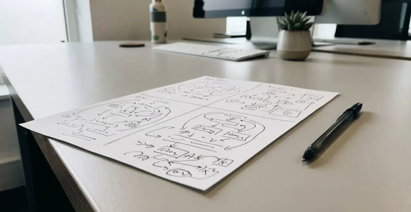 Gros plan sur un espace de travail avec notes manuscrites organisées en sections distinctes, stylo et annotations visibles, éclairage naturel de lampe