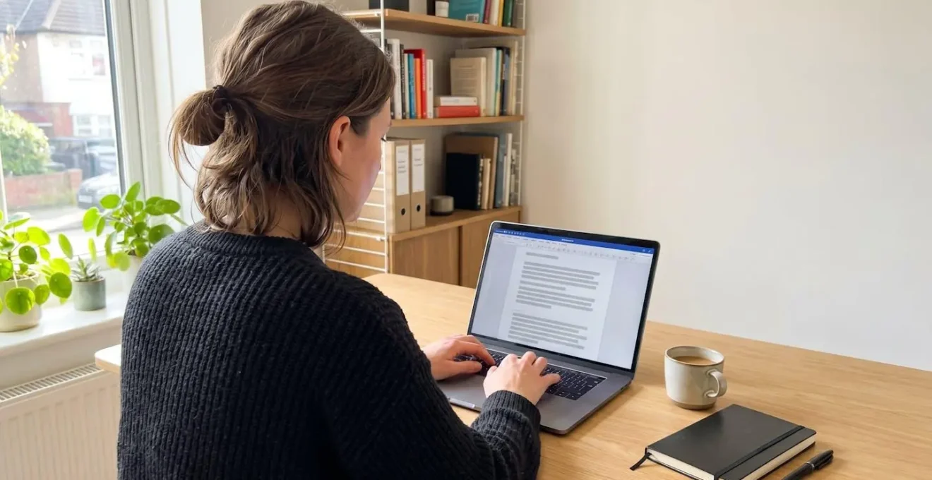 Vue de dos d'une personne travaillant sur ordinateur portable dans un bureau lumineux, écran affichant une interface de rédaction avec blocs de texte structurés