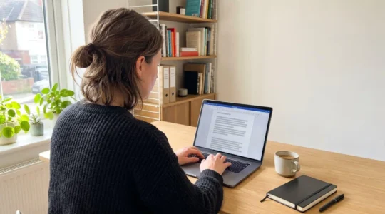 Vue de dos d'une personne travaillant sur ordinateur portable dans un bureau lumineux, écran affichant une interface de rédaction avec blocs de texte structurés