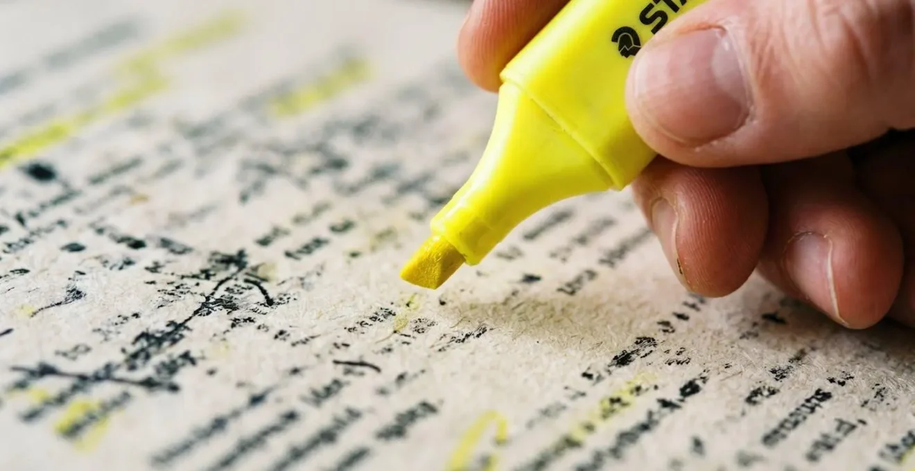 Personne relisant calmement des documents avec surligneur dans environnement serein