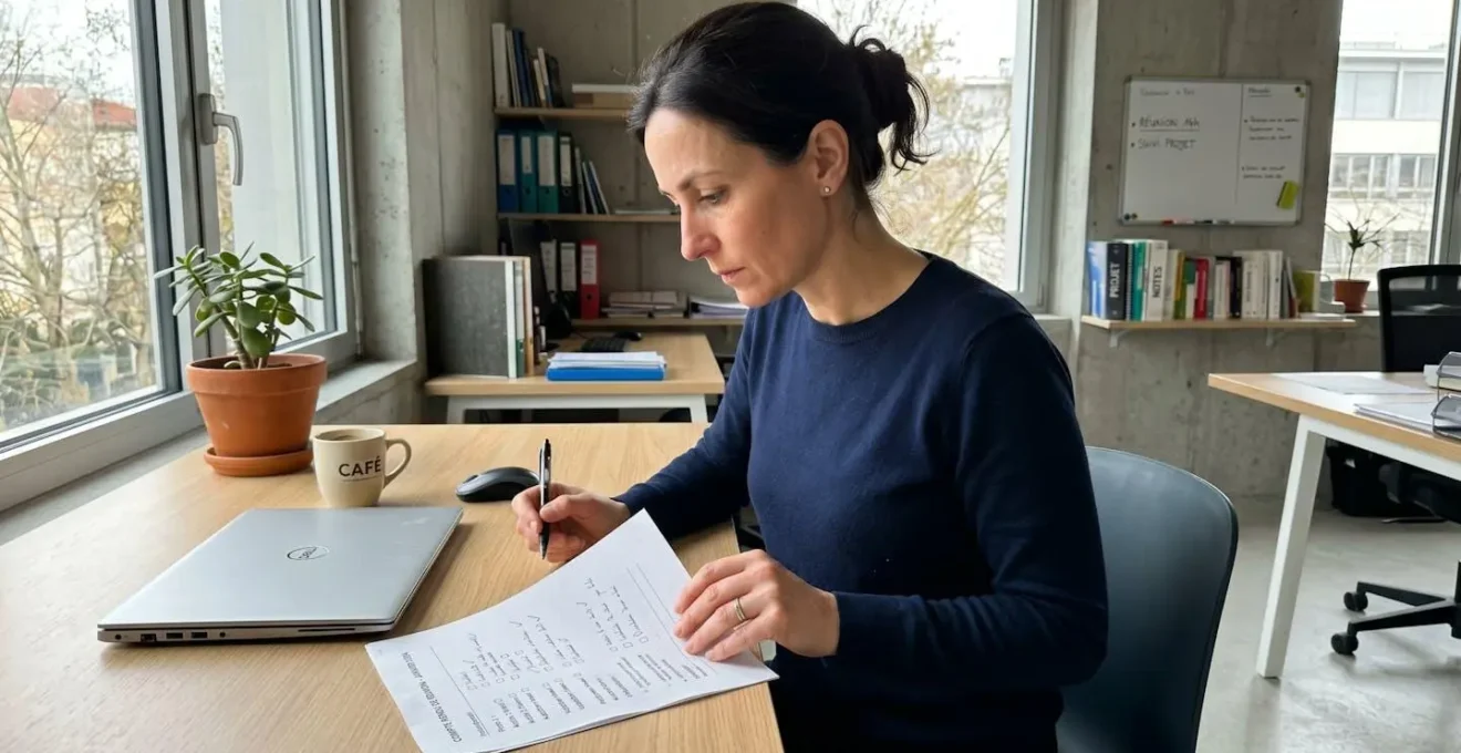 Vue de profil d'une personne consultant une checklist imprimée sur un bureau épuré, lumière naturelle de fenêtre, expression concentrée